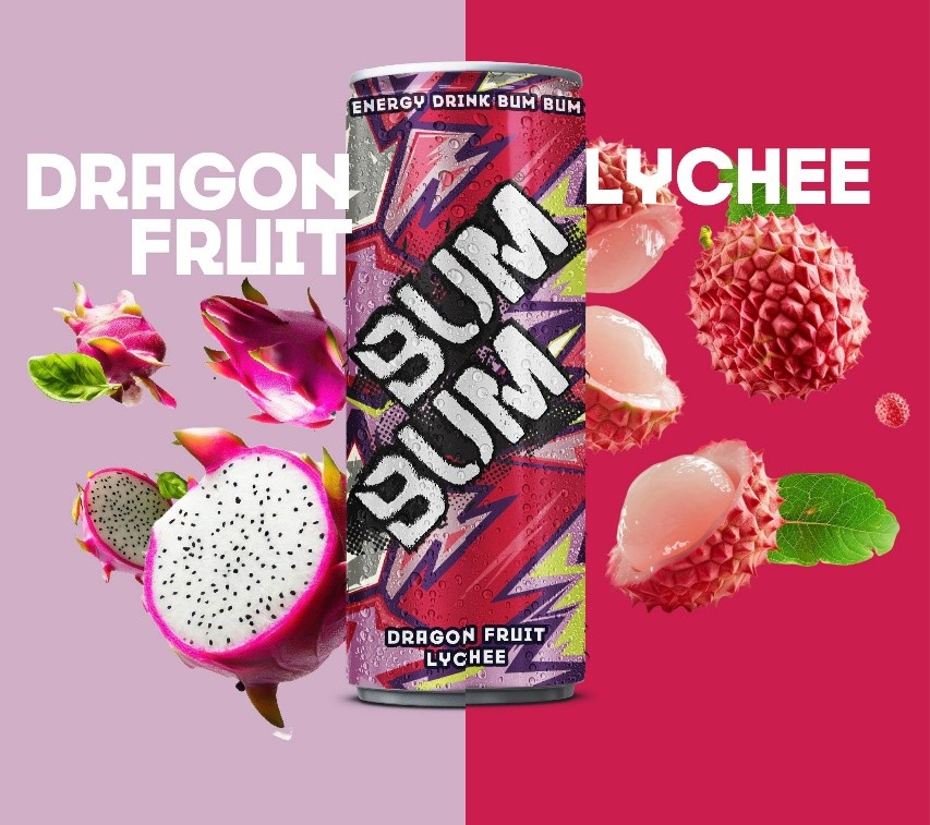 BUM BUM Energy Drink Dragon Fruit Lychee can with dragon fruit and lychee
