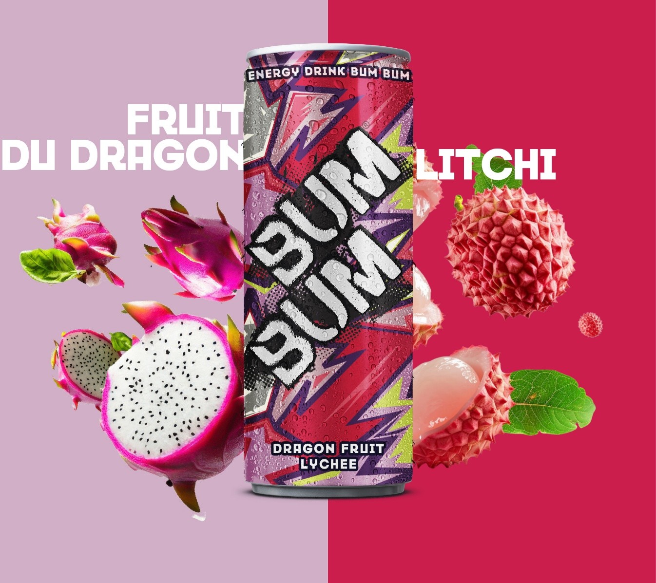 Canette BUM BUM Energy Drink Dragon Fruit Lychee avec fruit du dragon et litchi